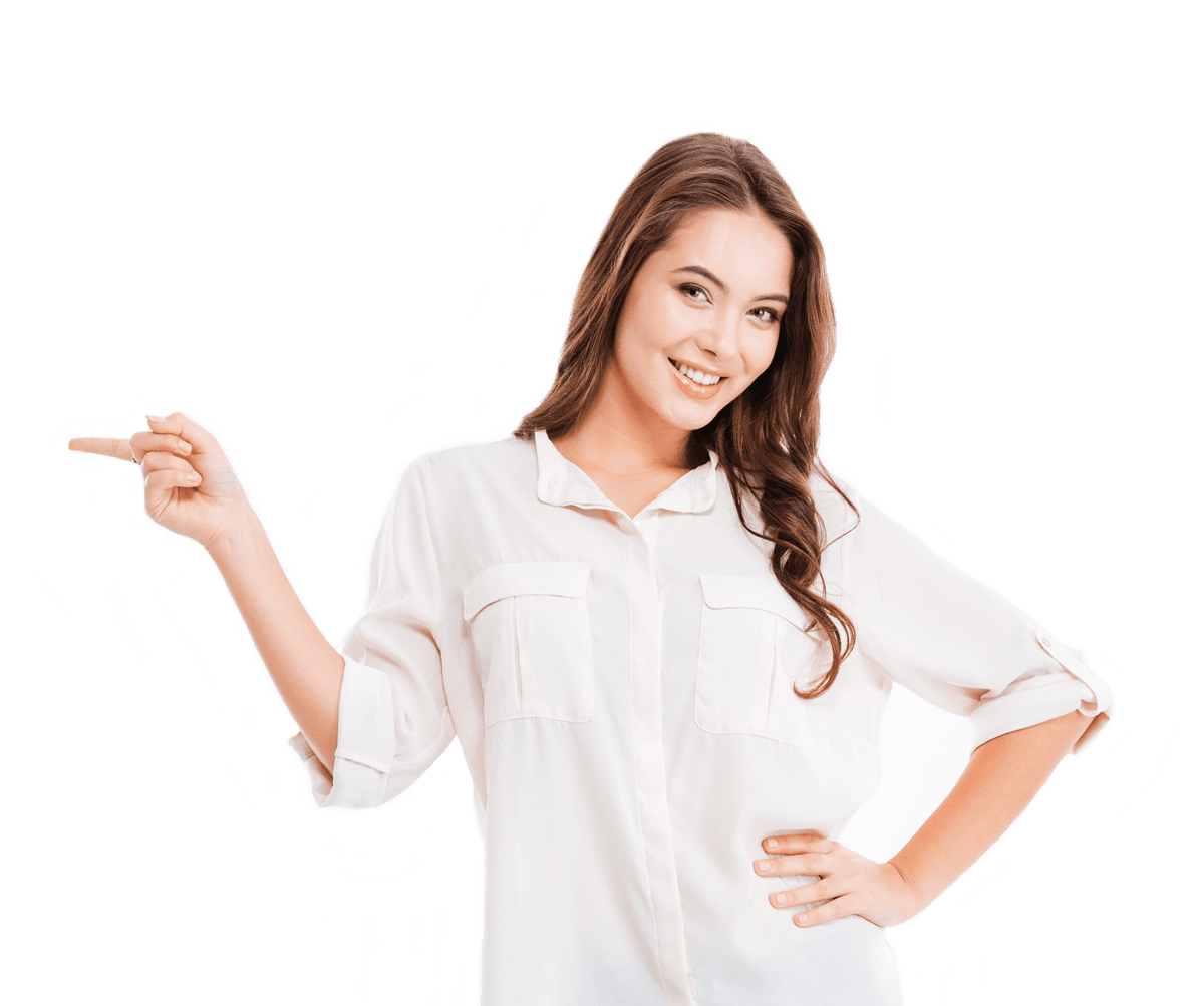 Smiling woman pointing left in white shirt
